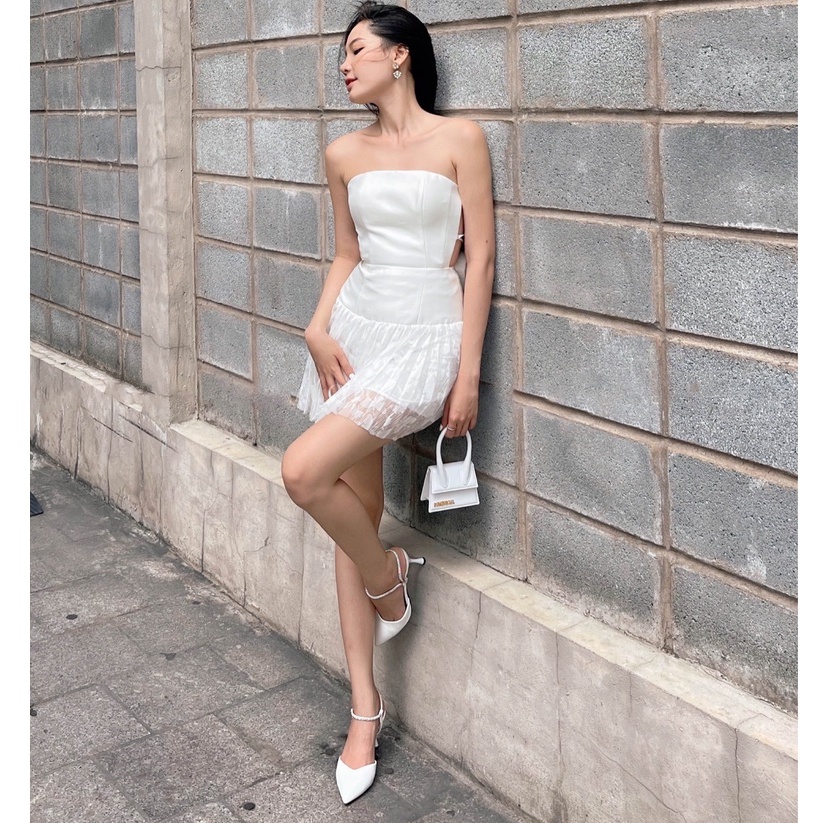 Đầm ren đi dự tiệc cưới thiết kế cúp ngực, dáng xòe, đan dây lưng sang chảnh