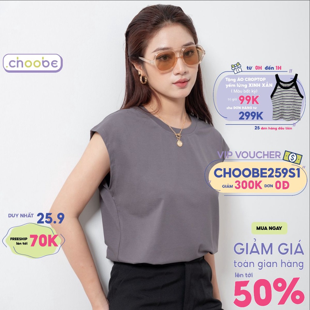 Áo phông nữ Choobe cộc tay hến kiểu thun form rộng vải cotton màu trắng đen xanh cam phong cách năng động A64
