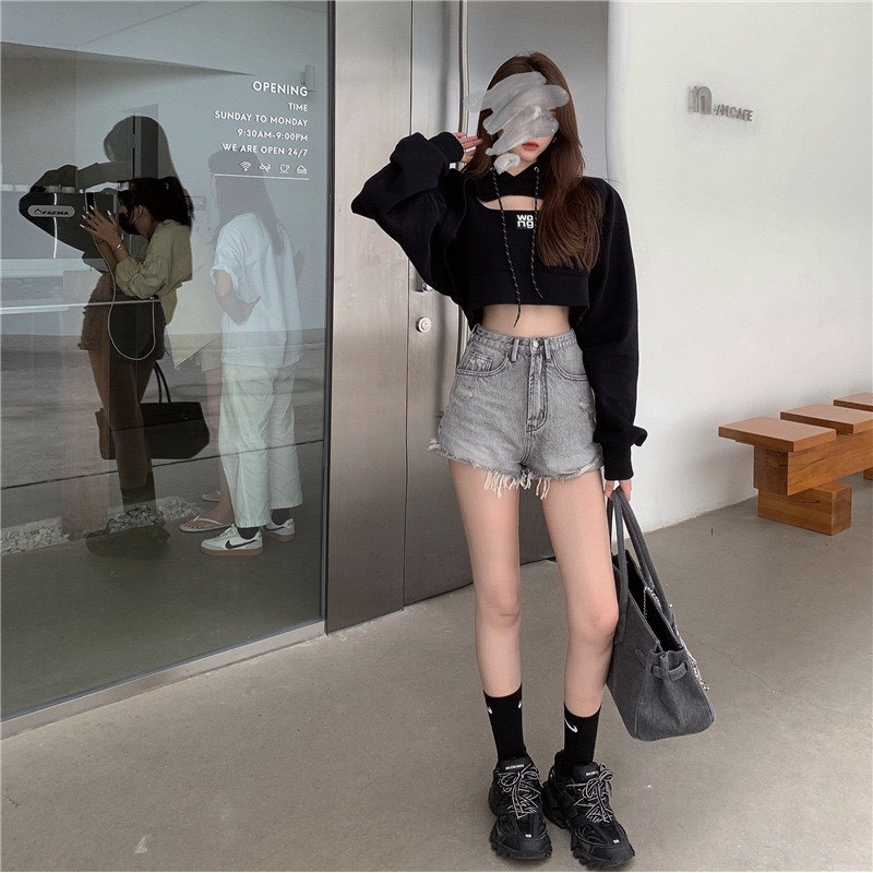 💟 [ ẢNH THẬT ] 💕 Set Áo Thun Sweater Croptop Dài Tay Cutout có Mũ + Áo 3 Lỗ Phối Thêu Siêu Chất 💕