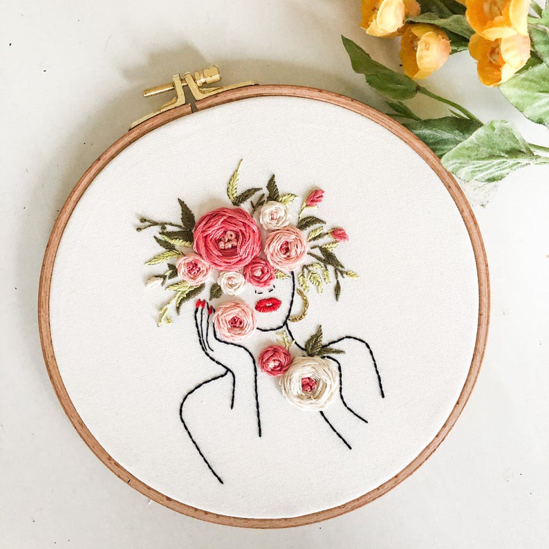 Bộ kit DIY tự thêu tranh cô gái nghệ thuật Girl in Love Tình Yêu khéo tay Combo nguyên liệu - Zen Handmade