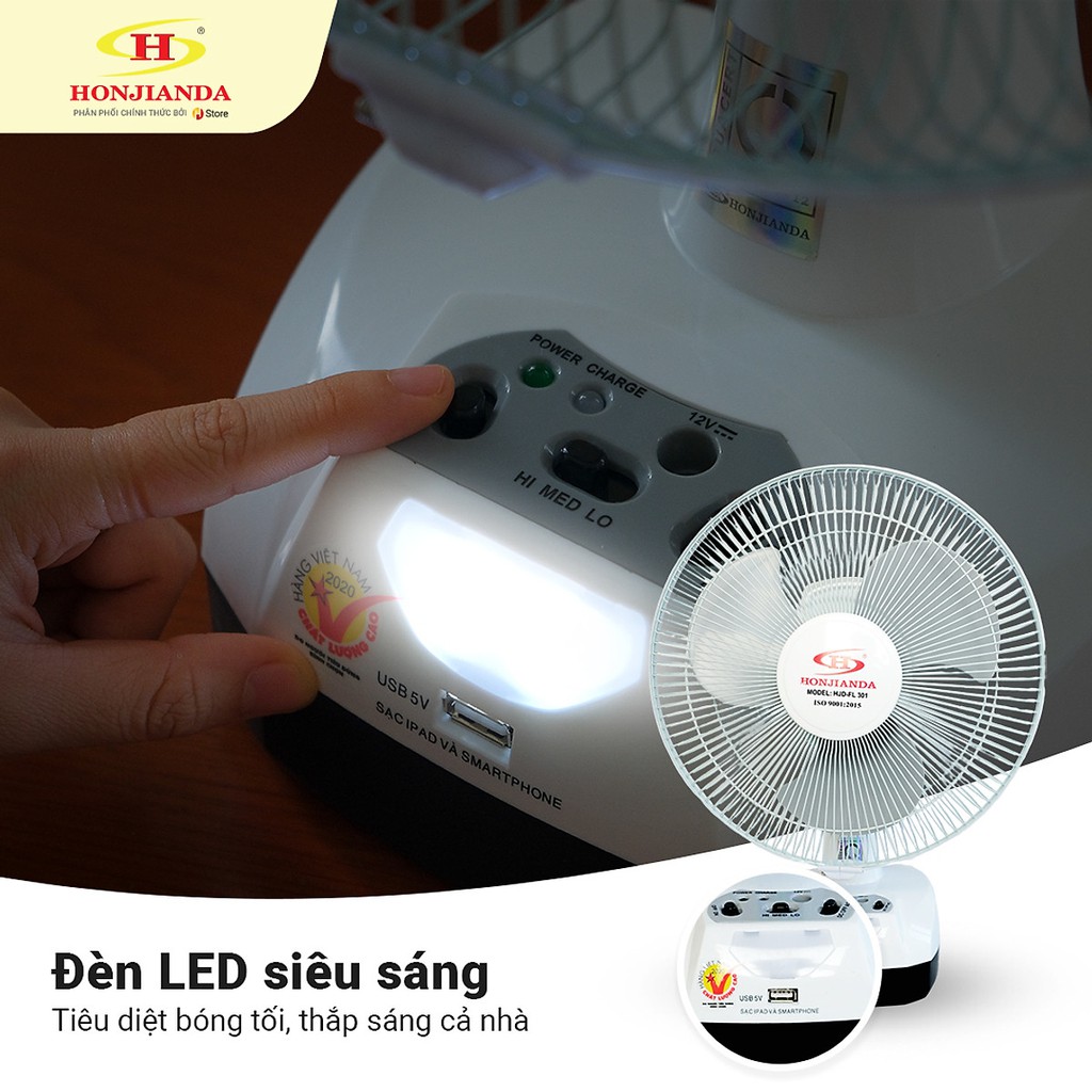 Quạt Sạc Kiêm Đèn Sạc HONJIANDA HJD- FL301 LED - Hàng chính hãng 1 BÌNH SẠC