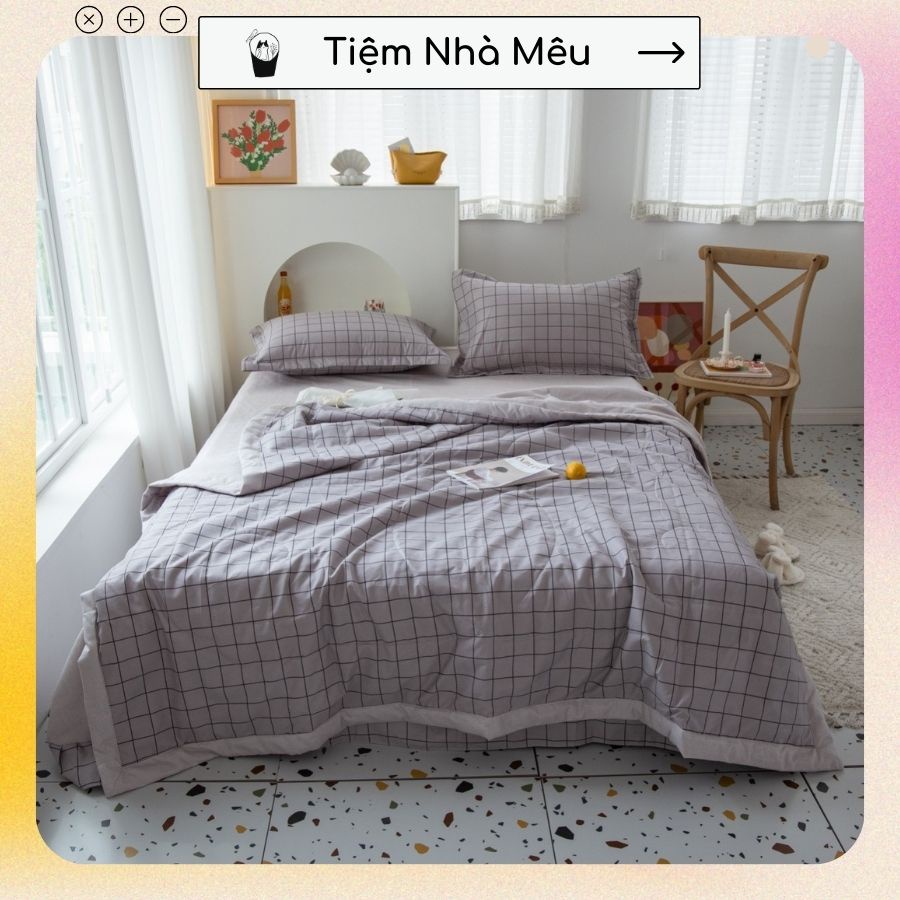 (HÀNG MỚI- Chất Đẹp ) Bộ Chăn Ga Gối Cotton Đũi✨ m6/m8/2m - Full size Tiệm Nhà Mêu✨ 2 Vỏ gối ,drap ,chăn chần Basic Caro | BigBuy360 - bigbuy360.vn