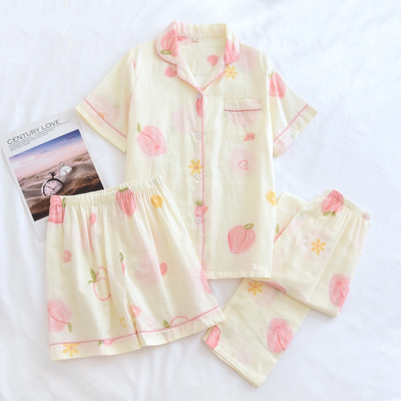 Bộ Đồ Ngủ Pijama 3 Món Bằng Cotton Nguyên Chất Hai Lớp In Họa Tiết Thời Trang Cho Nữ