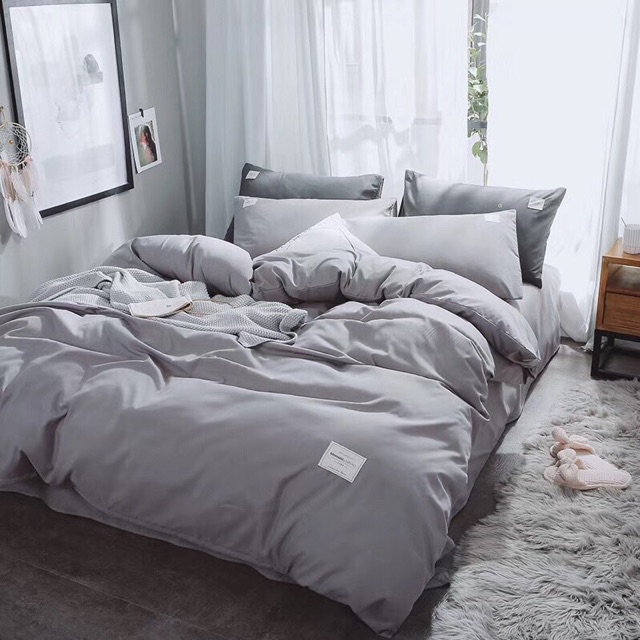Set Chăn Ga Gối Cotton đũi Tici - Màu Ghi nhạt.