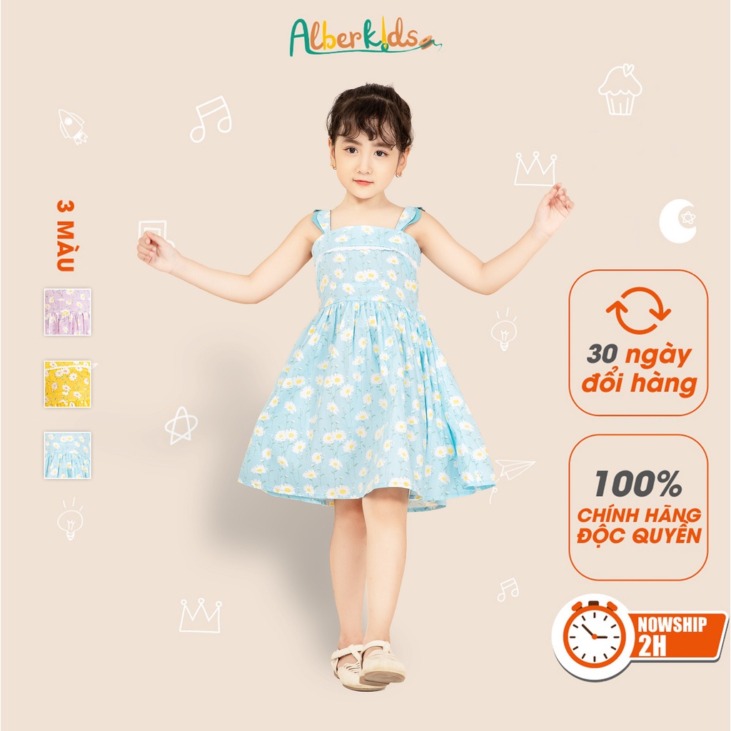 Váy cho bé gái ALBERKIDS 2 dây họa tiết hoa xanh tím vàng xinh đẹp cho trẻ em 2,3,4,5,6,7,8,9,10,11,12 tuổi[V28,V29,V30]