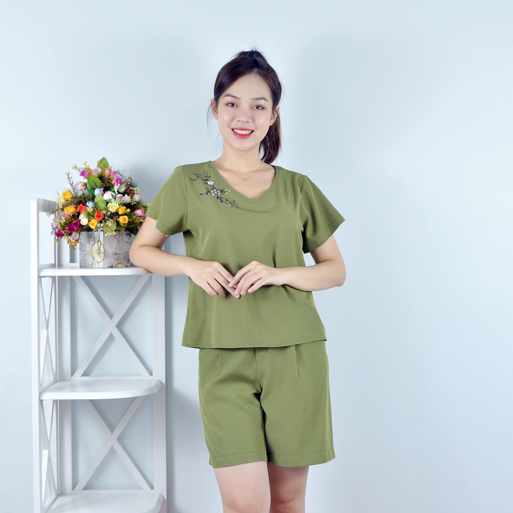 Bộ đồ nữ MÀU RÊU IN HOA VAI SIÊU XINH   - vải lụa cao cấp - Cực Kì Sang Chảnh - Qúy phái