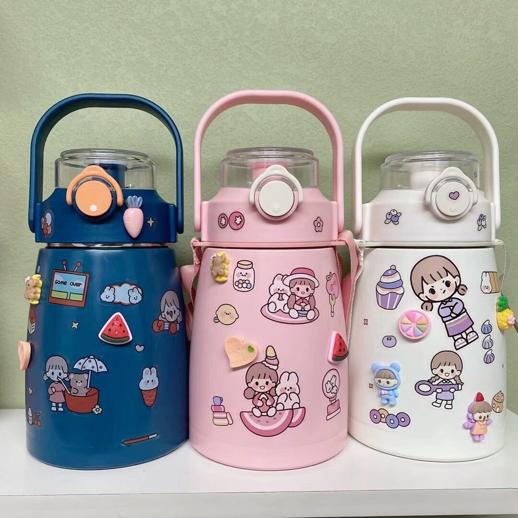 Bình giữ nhiệt 1000ml có ống hút lõi inox 304 giữ nhiệt 12h tặng Sticker trang trí siêu dễ thương