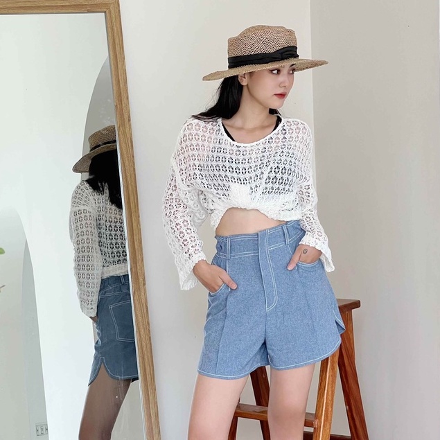 Quần short ngắn chạy chỉ lưng thun sau túi chéo trước thời trang GAGO màu xanh jean GO3990