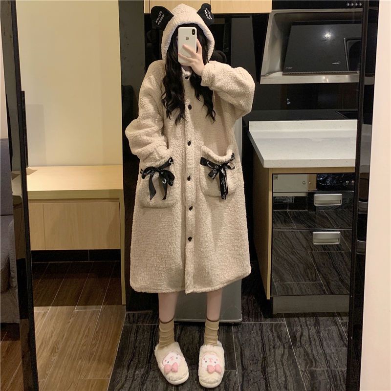❈Áo Choàng Ngủ Bằng Lông Cừu Thời Trang Mùa Thu Đông❈Áo Choàng Ngủ Dáng Rộng Bằng Vải Bông Dày Dặn Dễ Thương Thời Trang Mùa Đông 2022
