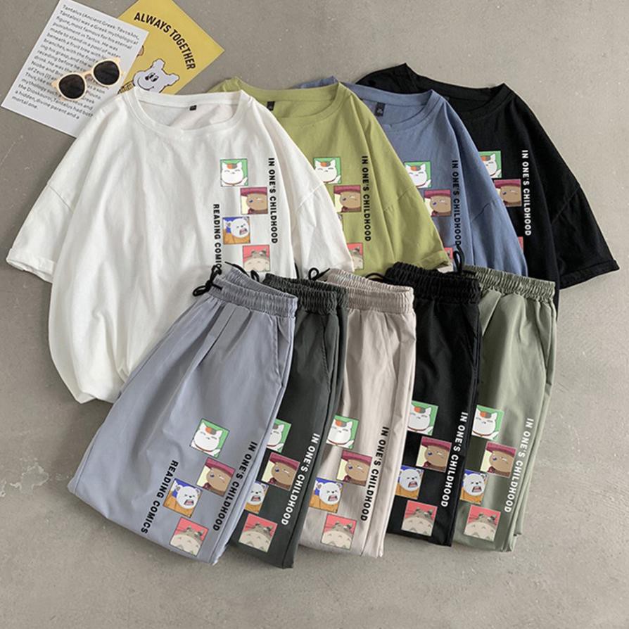 Bộ thể thao nam nữ Unisex - Áo thun tay lỡ và quần kaki hình in gấu dễ thương *