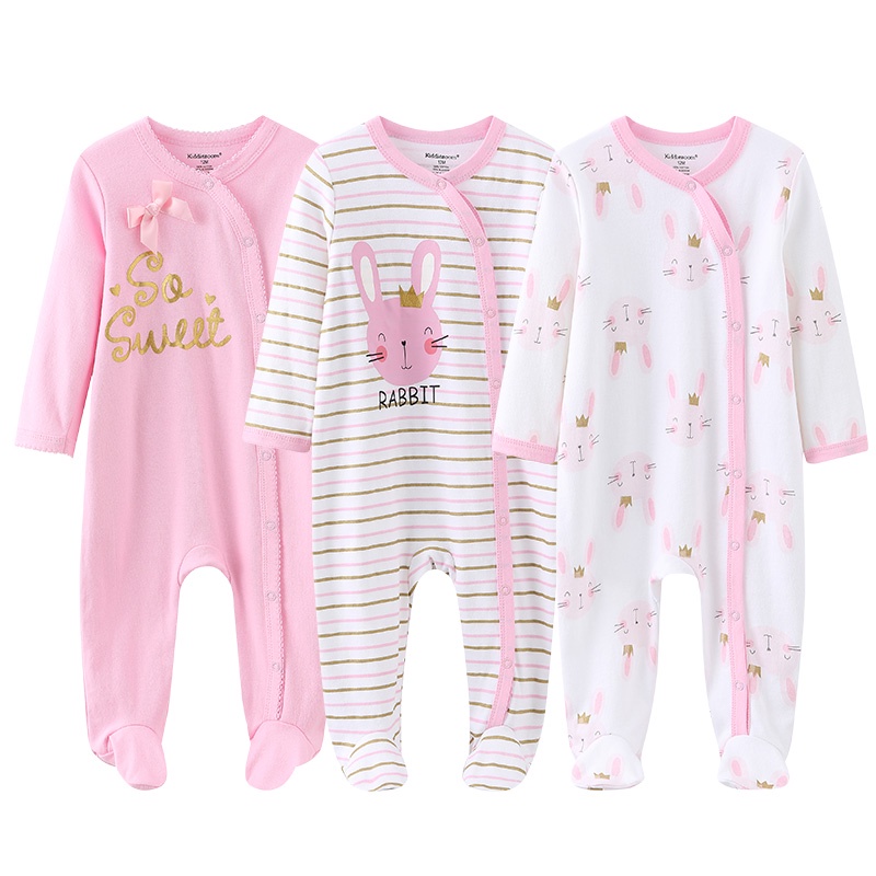 Set 3 áo liền quần cotton tay dài thời trang xuân thu cho bé sơ sinh 0-12 tháng tuổi