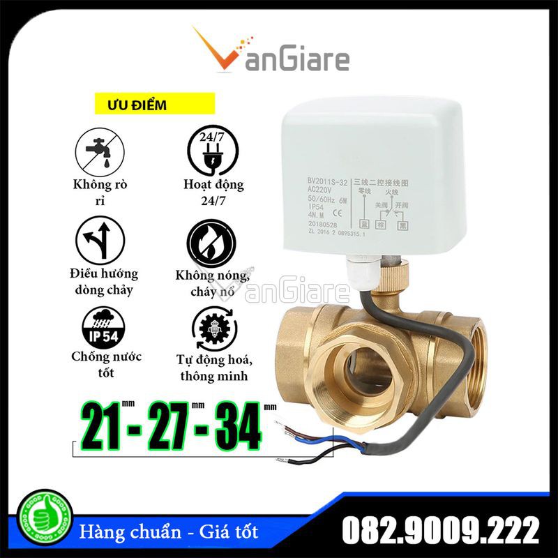 [Van bi điện 3 lỗ] Van khoá nước 3 ngã đóng mở bằng motor điện 220v phi 21 27 34