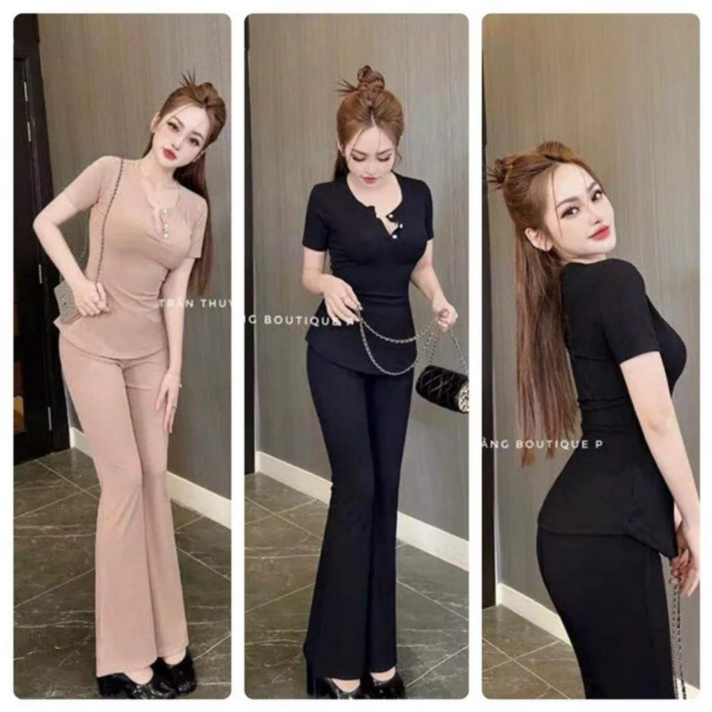 Set bộ đồ thun gân áo tay ngắn cổ tròn xẻ tà kèm quần suông ống rộng chất thun thoáng mát