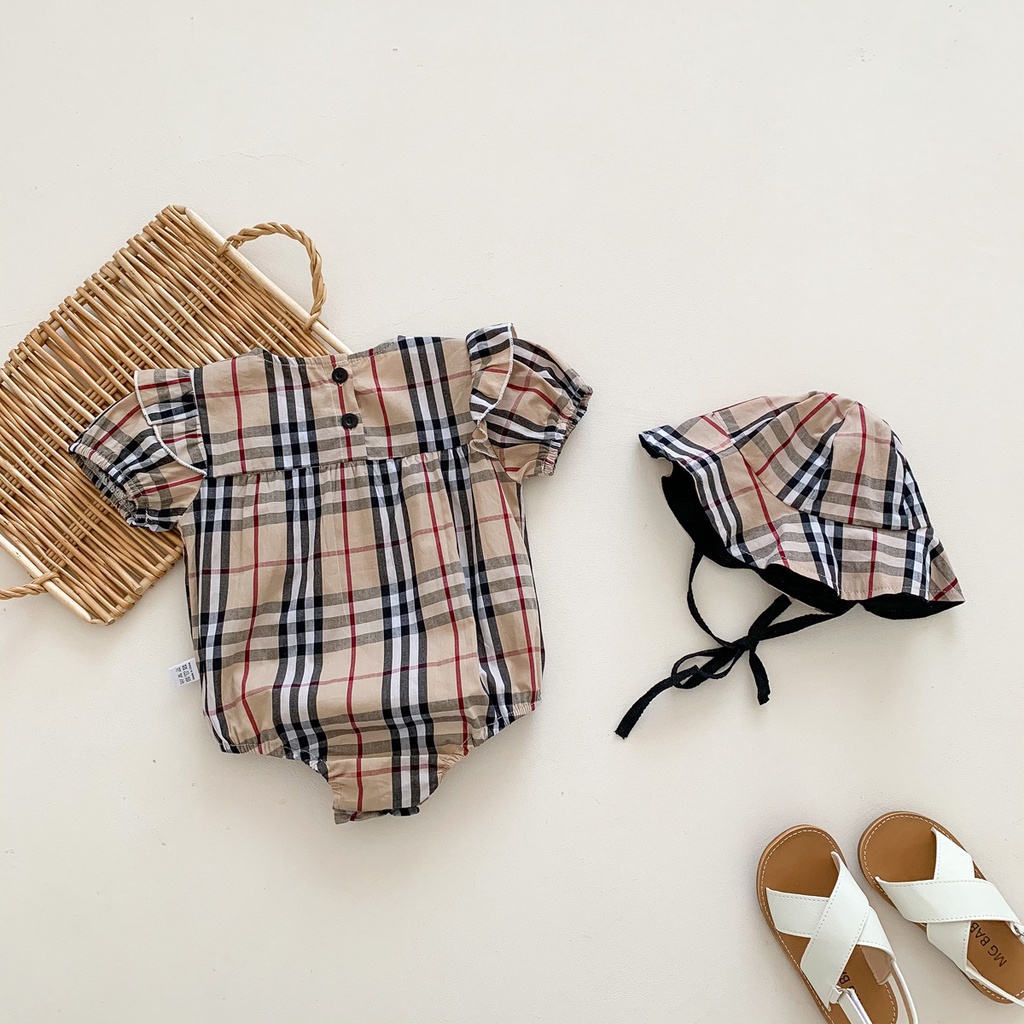 Bộ Áo Liền Quần Ngắn Tay Sọc Ca Rô + Mũ Thời Trang Cổ Điển Cho Bé Gái