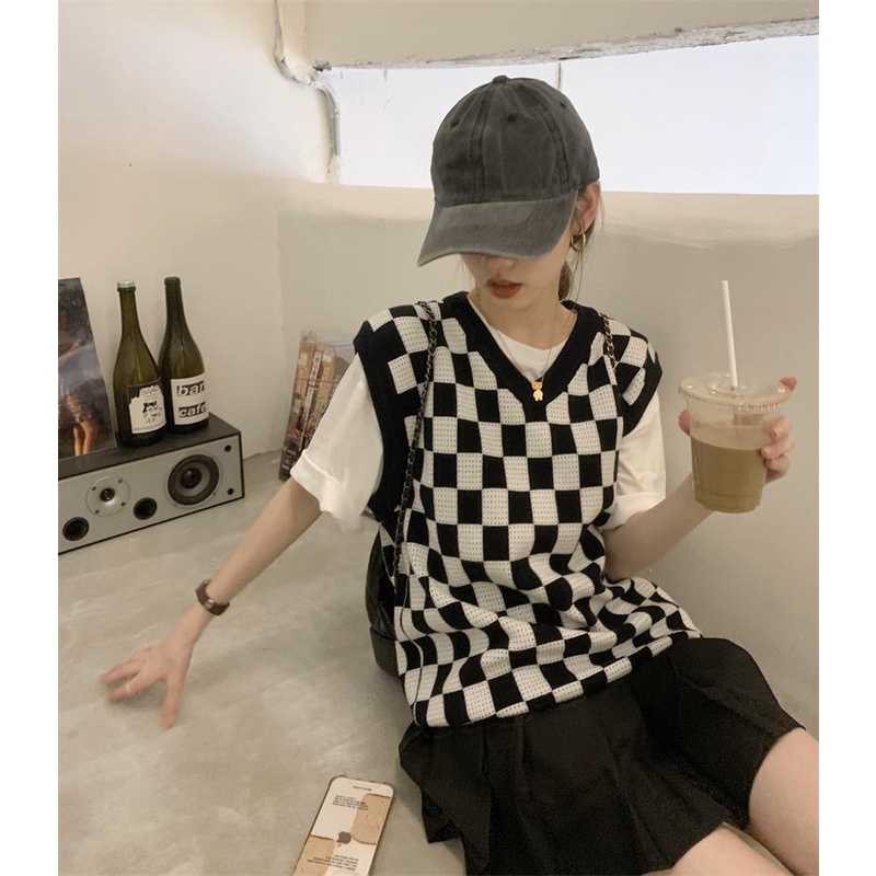 Áo Len Không Tay Cổ Chữ V Dáng Rộng Họa Tiết Caro Kiểu Hàn Quốc Thời Trang Mùa Hè Mới 2021 Cho Nữ