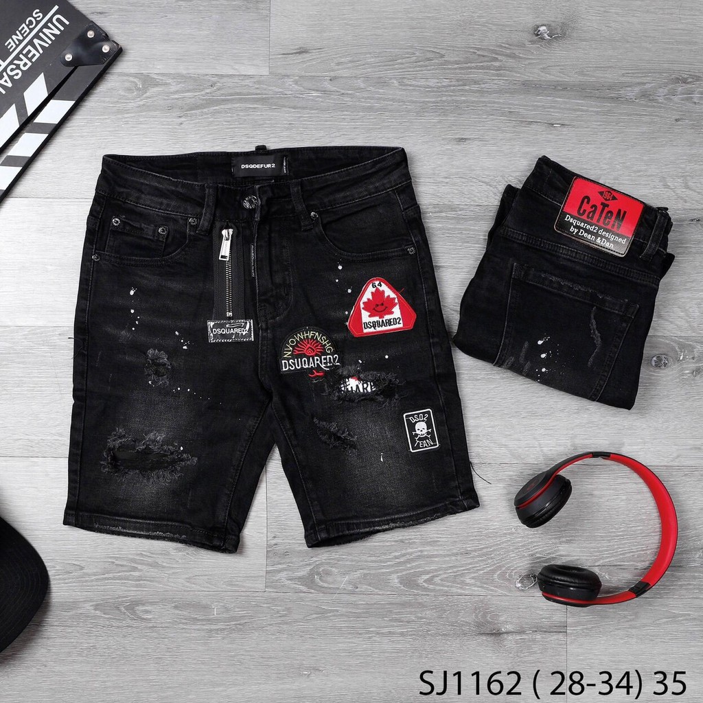 Quần short jean nam màu xám đậm, vải dày dặn co giãn thêu nổi mix khóa giả độc lạ 002