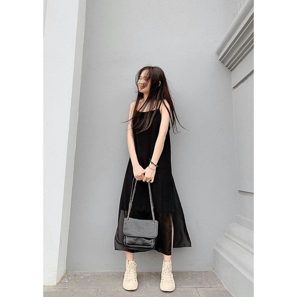 Đầm Voan 2 lớp Xẻ Vạt PEONYB Nữ [FREESHIP] 🌸 Váy 2 dây dáng suông mặc đi biển màu TRẮNG | ĐEN Ulzzang HOT 🌸 | BigBuy360 - bigbuy360.vn