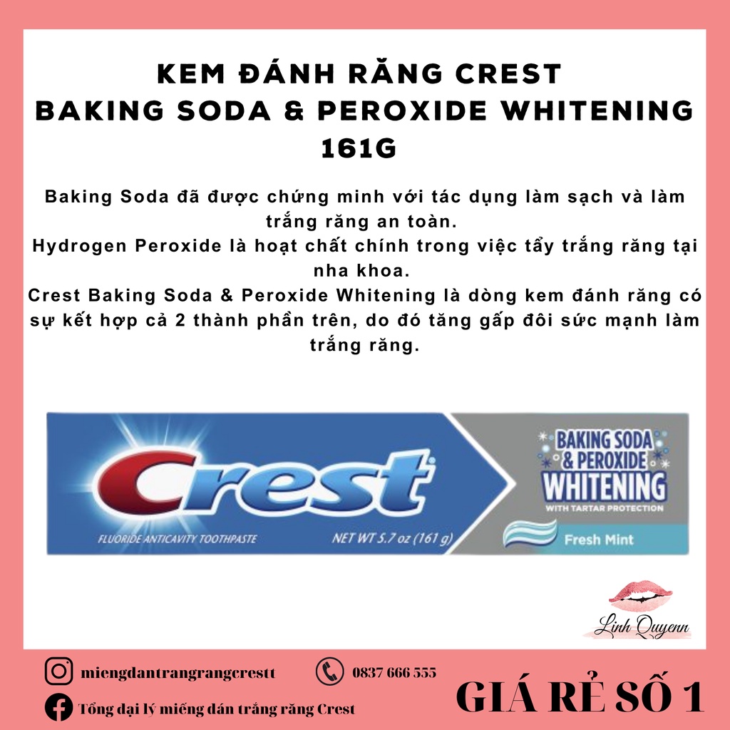 Kem đánh răng Crest Baking Soda &amp; Peroxide Whitening 161G - Làm trắng răng