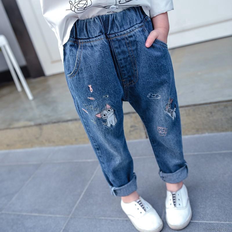 Quần Jeans Dài Wash Rách Cá Tính Cho Bé Gái