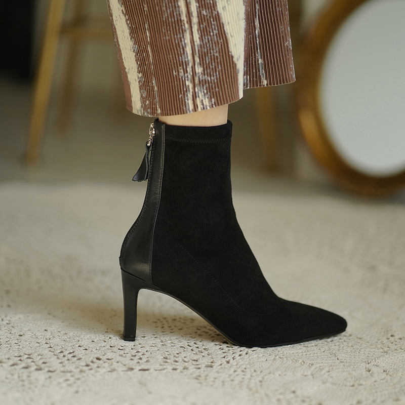 Giày boots cao gót da lộn khóa sau mũi nhọn công sở phong cách vintage Hàn Quốc