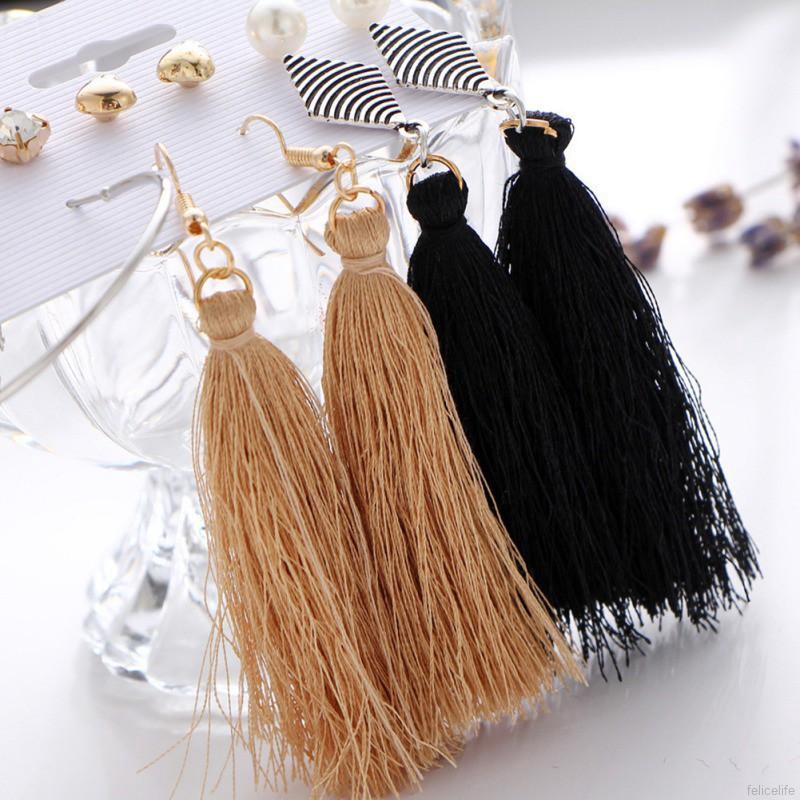 Bông tai dây tua kiểu cách Bohemia đơn giản cho nữ 6 cặp