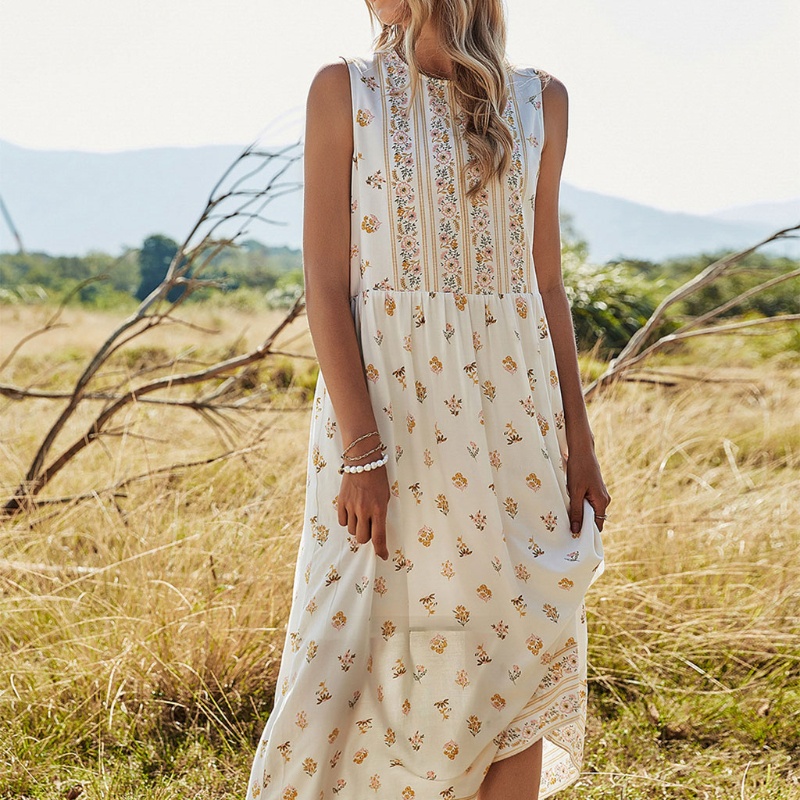Đầm Dài Cổ Tròn Không Tay Lưng Cao In Họa Tiết Thời Trang Mùa Hè Cho Nữ
