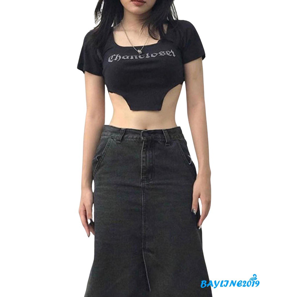 Áo Lửng Cổ Vuông In Chữ Thời Trang Cho Nữ