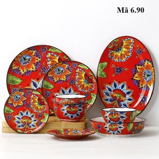 Bát đĩa OMK họa tiết hoa hướng dương đỏ đậm, sứ vẽ tay cao cấp, bộ đồ bàn ăn 6.90