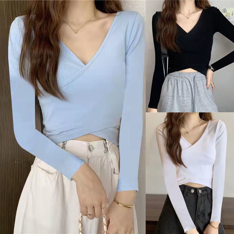 Áo thun nữ tay dài hở vai màu sắc thời trang