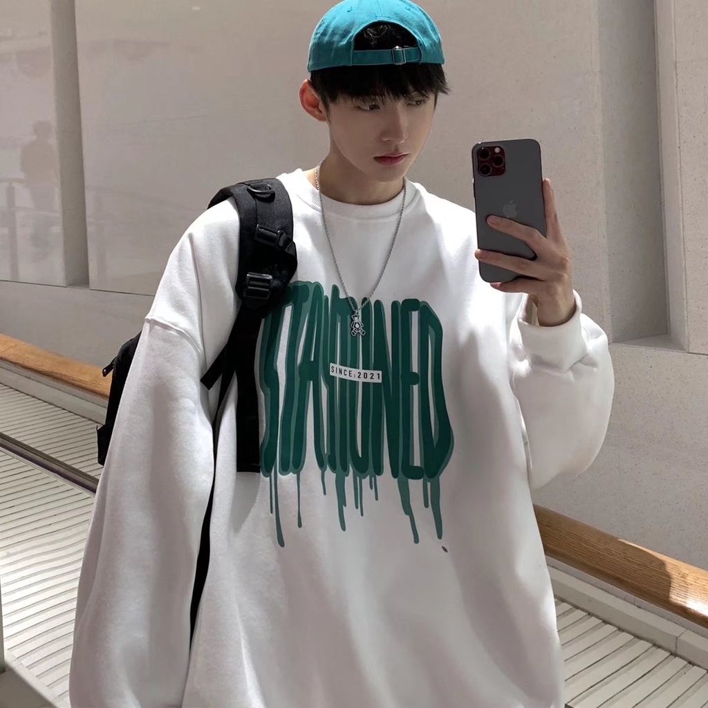 Áo sweater tay dài cổ tròn dáng rộng màu trơn in họa tiết thời trang cho cặp đôi Size M-3XL 3 màu