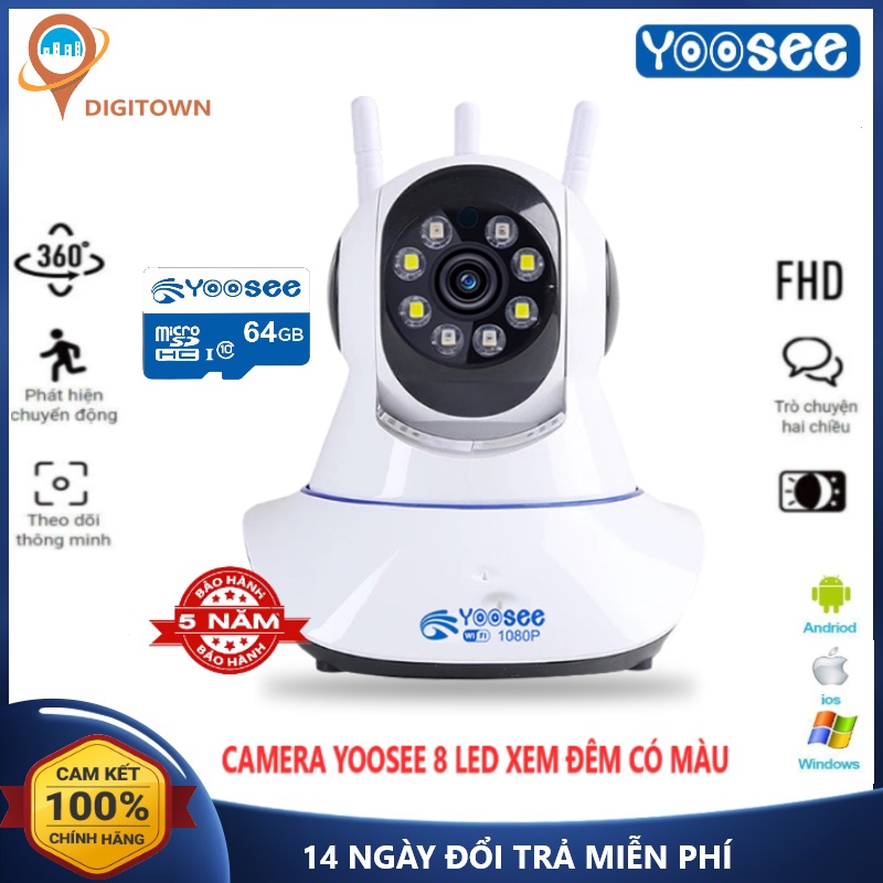 Camera IP Yoosee wifi 3 râu 8 LED FULL HD 3.0Mpx Siêu nét Xoay 360 độ đàm