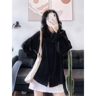 (Có 2 màu) áo đen tay bồng cổ trụ cột dây tua rua