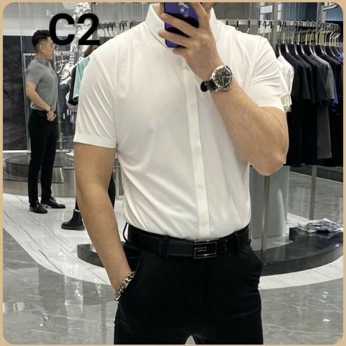 Áo Sơ Mi Nam Tay Ngắn Giấu Khuy Cao Cấp Form Body Vừa Vặn, Vải Lụa Nhật Chống Nhăn Co Giản Tốt - Men87_store