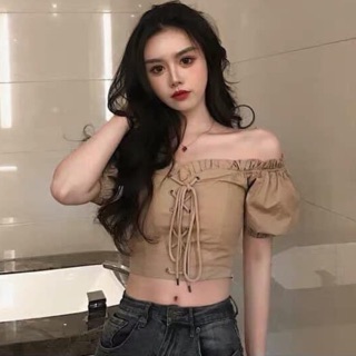 Áo croptop trễ vai viền bèo đan dây ngực [ Hàng order ]