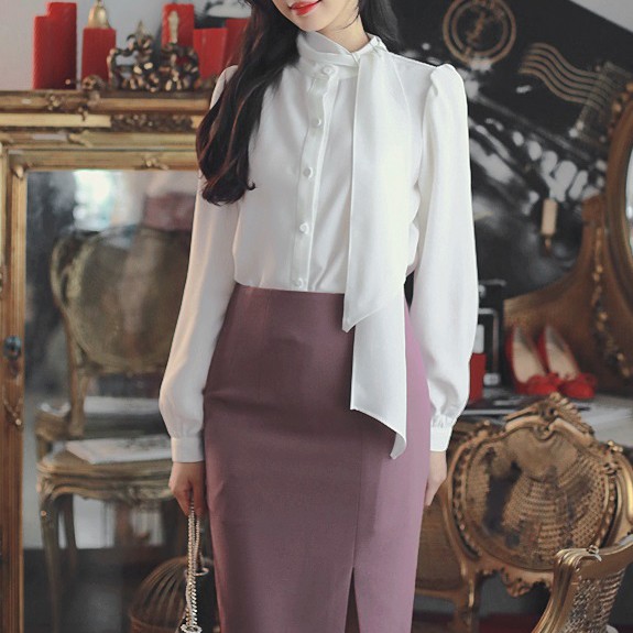 Áo sơ mi công sở cổ thắt nơ  kiểu hàn quốc Quyên fashion thắt nơ cổ tay dài bồng thời trang AA381
