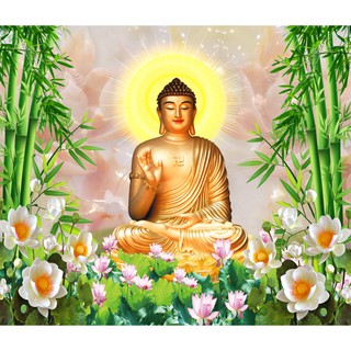 Tranh dán tường 3D phòng thờ - Phật thích ca - Chất liệu vải lụa kim tuyến- kích thước tranh theo yêu cầu