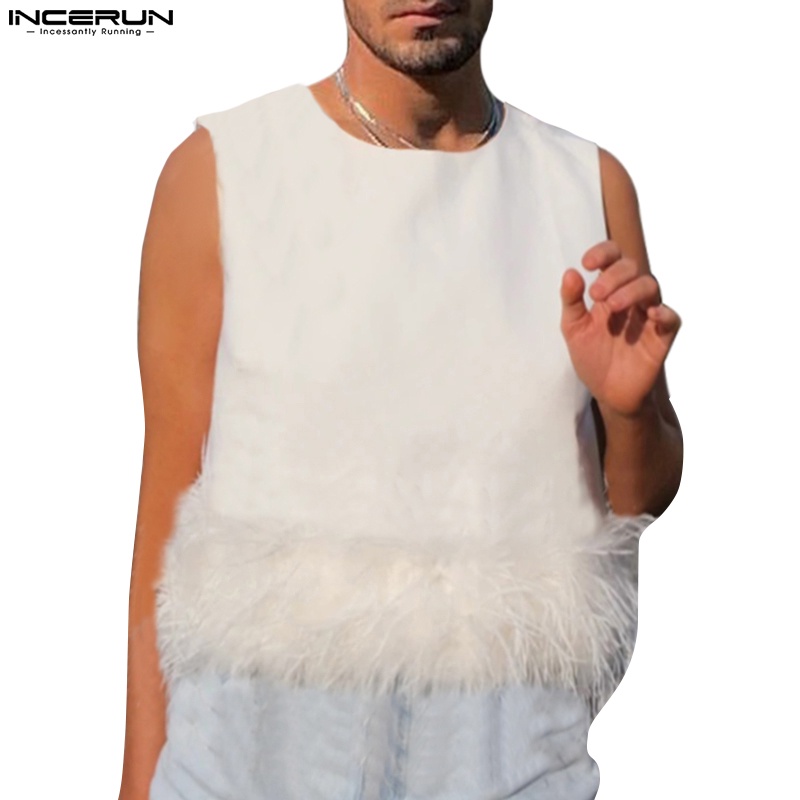 Áo thun ba lỗ Incerun phối lông vũ màu trơn hợp thời trang cho nam