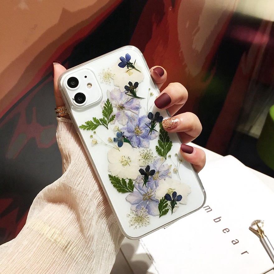 Ốp điện thoại TPU dẻo trong suốt ép hoa khô thật cho iPhone 12 11 Pro Max SE2020 X XS Max XR 6 6S 7 8 Plus