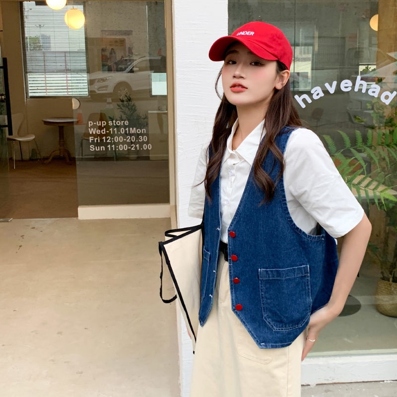 Áo Denim Sát Nách Cổ Chữ V Thời Trang Mùa Hè Hàn Quốc Dễ Phối Đồ 17151