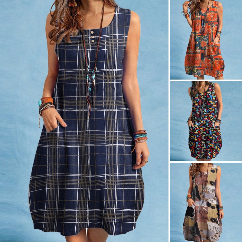 Đầm ngắn Zanzea không tay in họa tiết vintage cho nữ