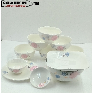 BỘ BÁT ĂN CƠM 11 MÓN IN HÌNH HOA  LÁ XANH HỒNG MS06