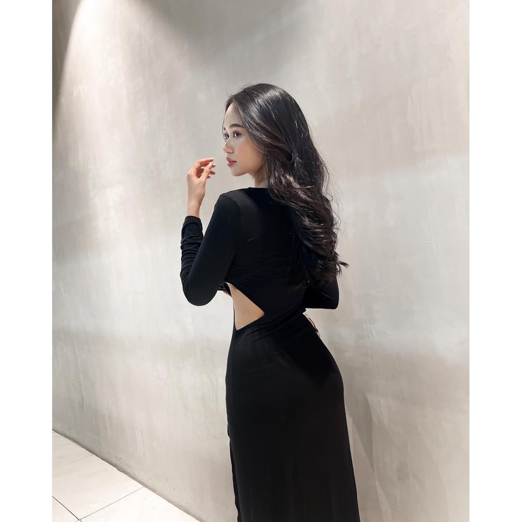 Váy Body Khoét Eo, Đầm Ôm Sexy Nữ, Dáng Bó Khoét Eo Thun Tay Dài DBD004