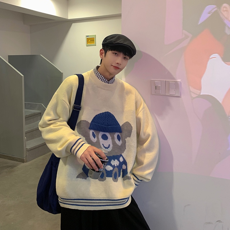 Áo sweater cổ tròn dáng rộng thêu hình gấu hoạt hình dễ thương phong cách Hàn Quốc cho cặp đôi