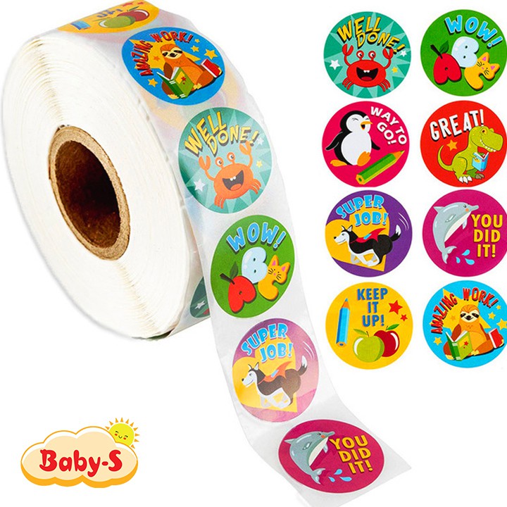 Cuộn 500 sticker nhãn dán khích lệ khen thưởng học tập cho bé yêu với nhiều họa tiết kèm slogan Baby-S – SST010