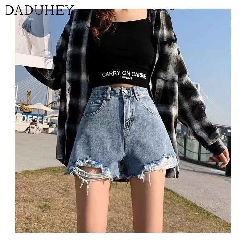 Quần ngắn daduhey vải denim eo cao dáng rộng viền rách thời trang mùa hè 2022 dành cho quý cô