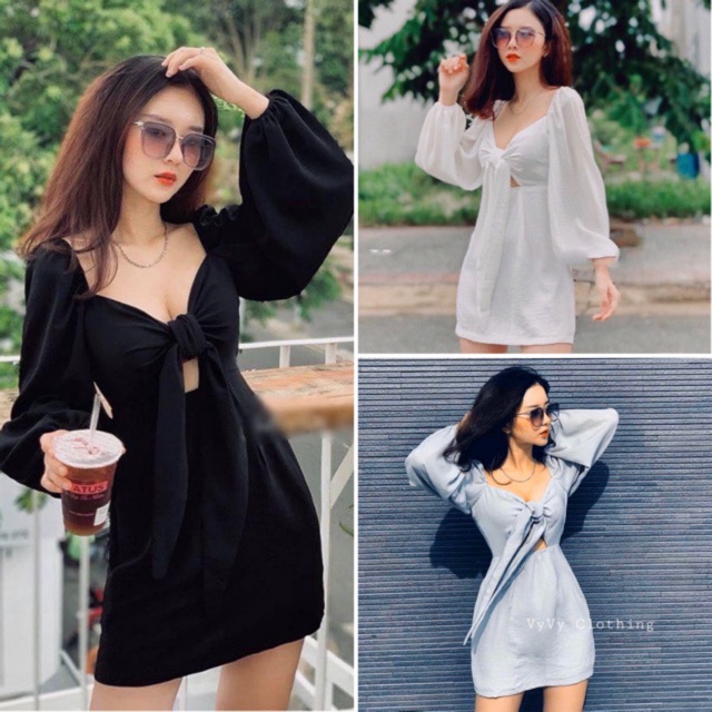 ĐẦM TAY PHỒNG THẮT NƠ NGỰC