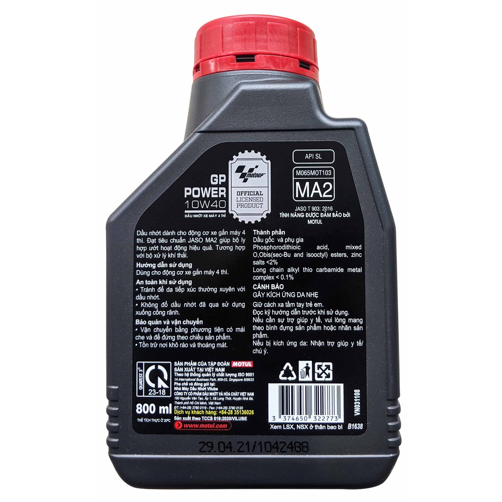 DẦU NHỚT XE SỐ MOTUL GP POWER 10W40 800ml - 0.8L