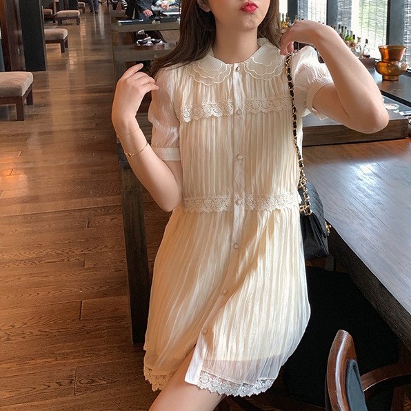 Đầm suông váy sơ mi tiểu thư tay ngắn cổ sen dập ly cài cúc ulzzang dễ thương