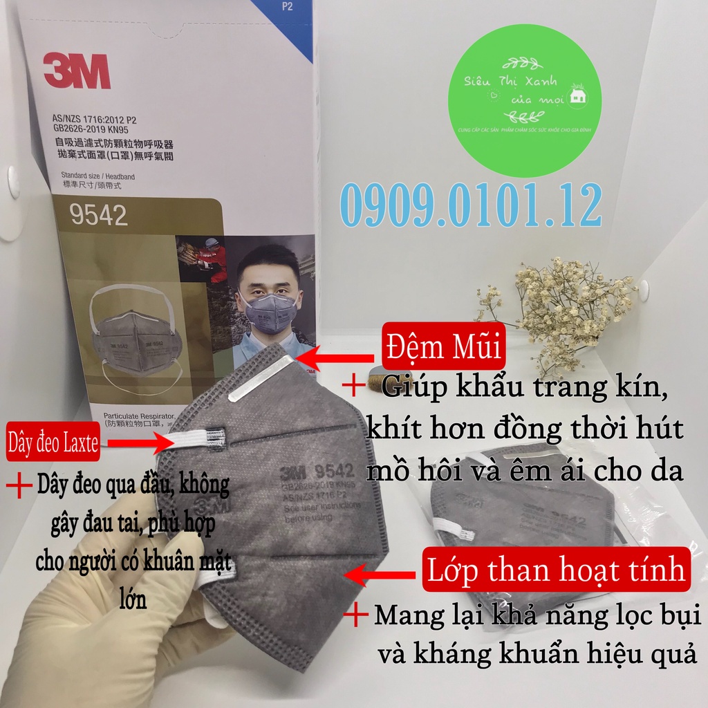 khẩu trang 3m 9542 chính hãng, khẩu trang n95 cao cấp đệm mũi lọc than hoạt tính tiệt trùng đóng bịch kín riêng từng cái