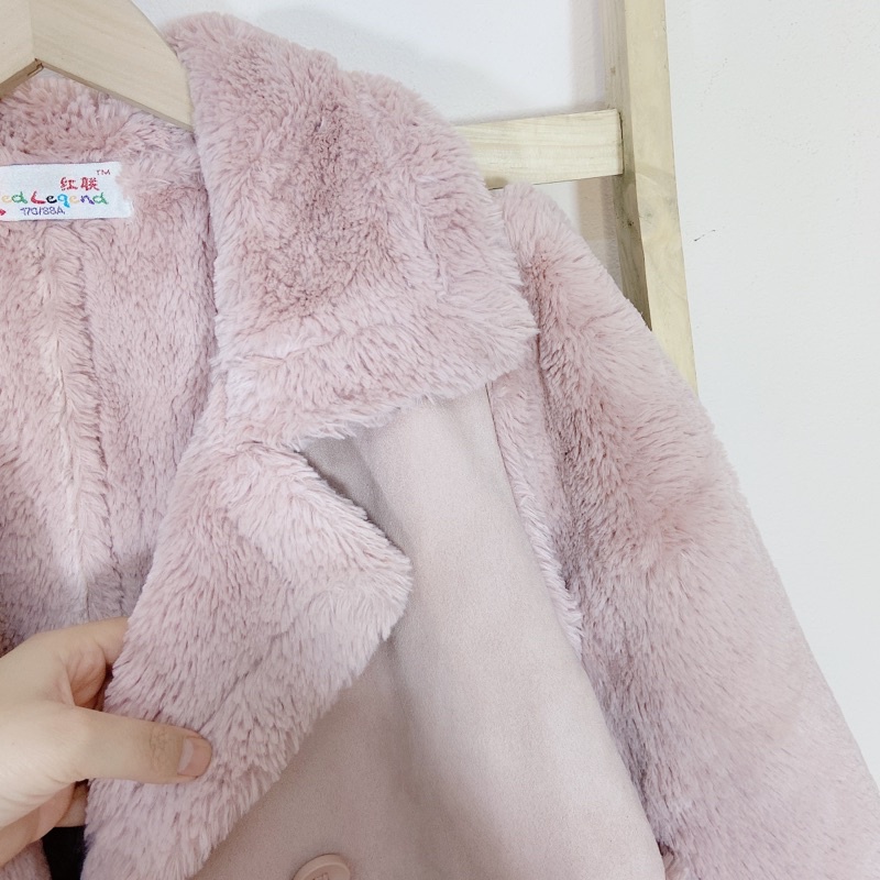 /Áo khoác da lộn lót lông nữ dáng lửng, cổ bẻ lông siêu dày túi khoá 2 bên